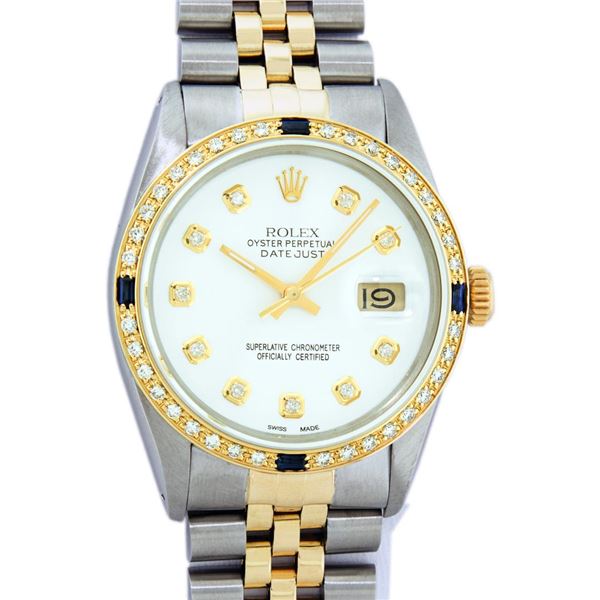Rolex Mens Two Tone White Diamond And Sapphire 36MM Datejust Wristwatch