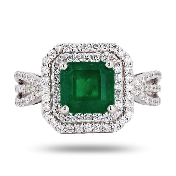 2.32 ctw Emerald and 0.70 ctw Diamond 14K White Gold Ring