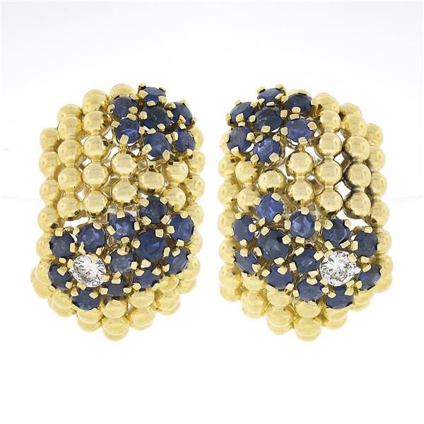 Vintage 18k Gold 4.67 ctw Sapphire & Diamond Flower 7 Row Bead Wide Cuff Earring