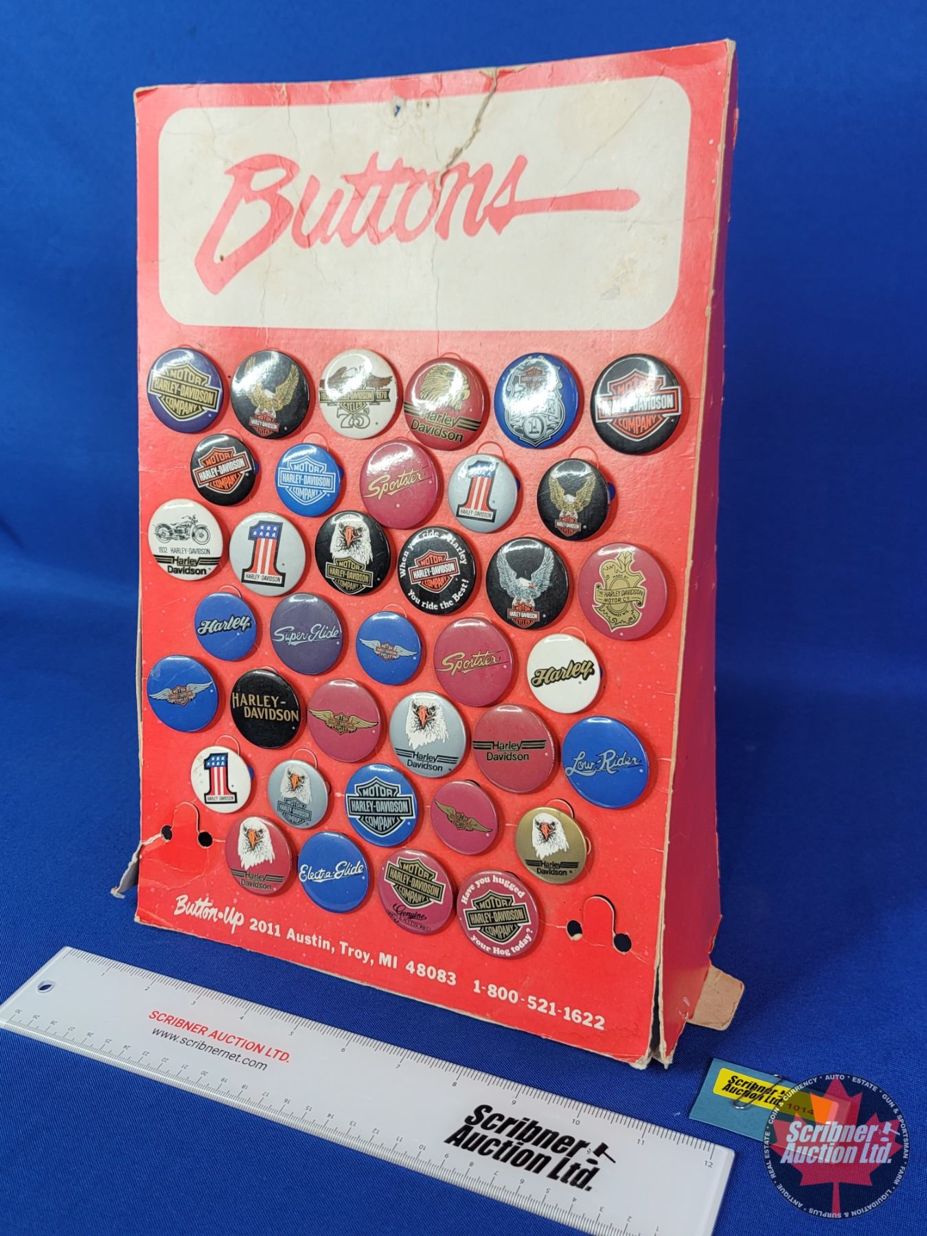 Button Collection Display Vintage Cardboard Countertop Button Display w/Harley Davidson Button ...