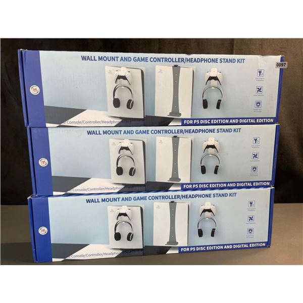 Lot of 3 PS5 Wall Mounts & Game Controller/Headphone Stand Kits - Brand New