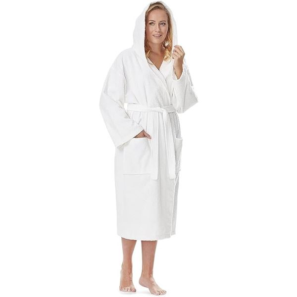 Lot of 1 Arus Women's Hooded Bath Robe - White - Fits Size L-XL - Brand New