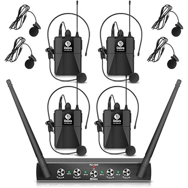 Lot of 1 D Debra Pro UHF 4 Channel Wireless Mic Systm w/ Cordless Handheld Lavalier Headset Mics-NEW