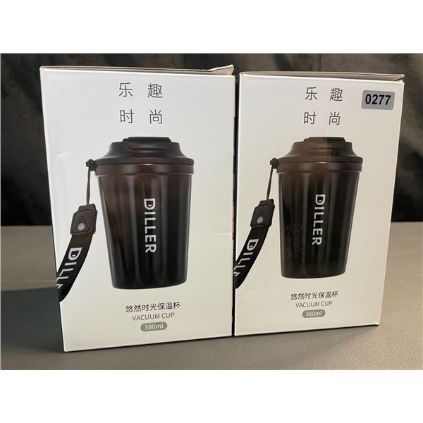 Lot of 2 Diller Vacuum Insulated Water Bottles/Mugs With Lids - 12oz/380ml - Brand New!