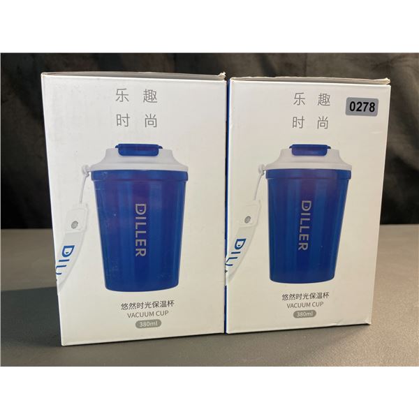 Lot of 2 Diller Vacuum Insulated Water Bottles/Mugs With Lids - 12oz/380ml - Brand New!