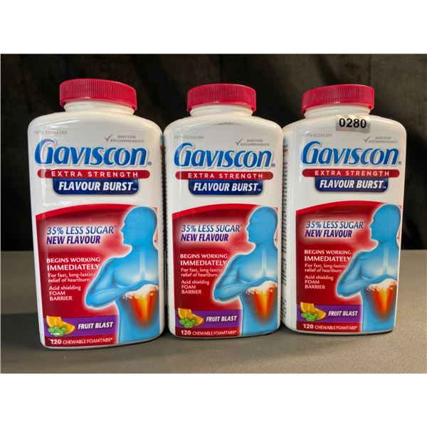 Lot of 3 Gaviscon Extra Strength - For Acid Reflux & Heartburn - 120 Tabs Each - Fruit Blast