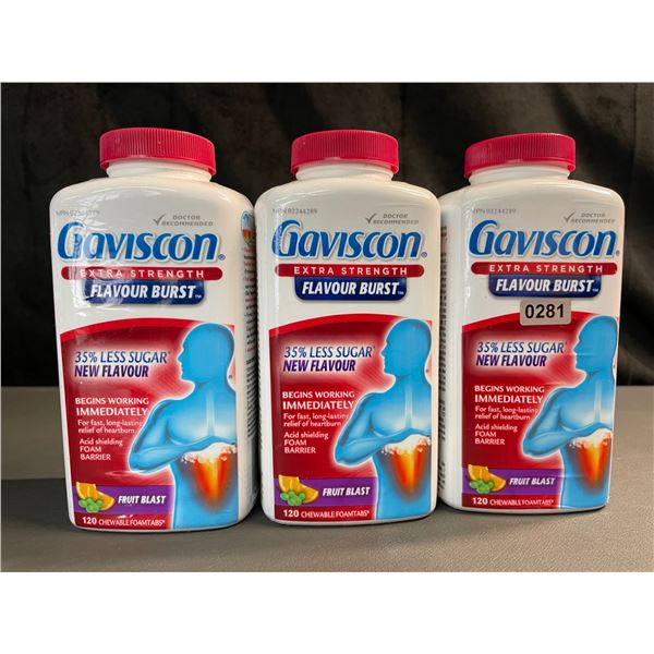 Lot of 3 Gaviscon Extra Strength - For Acid Reflux & Heartburn - 120 Tabs Each - Fruit Blast