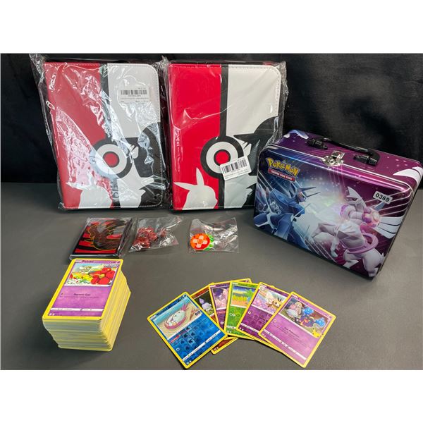 Lot of 2 Leather Pokemon Premium Card Binders w/ Holos + Cards, Sleeves, Dice, & Storage Tin - NEW