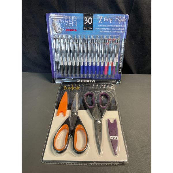 Lot of 1 30-Pack of Zebra Z-Grip Pens & 1 Set of 2 Heavy Duty Scissors - NEW
