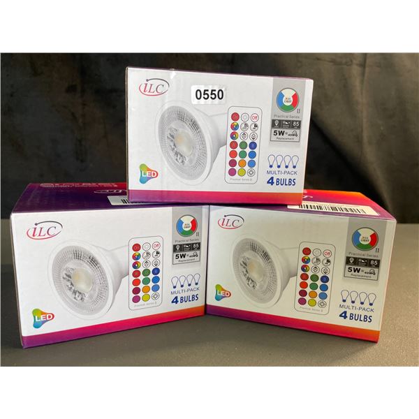 Lot of 3 Multi-Packs of RGB/White LED GU10 Light Bulbs - 4 Per Pack/12 Total - Brand New