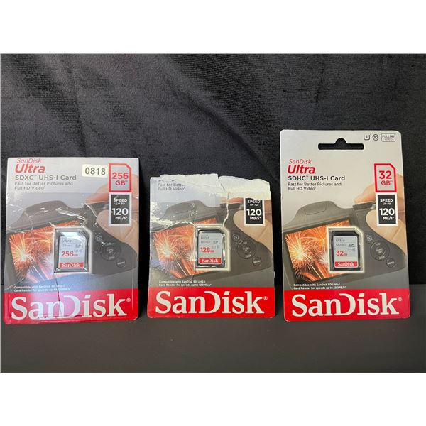 Lot of 3 SanDisk Ultra Memory/SD Cards - 256GB/128GB/32GB