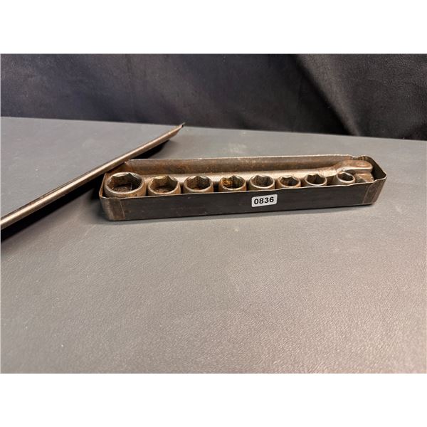 Lot of 1 Vintage Steel Socket Wrench with 8 Original Sockets - Used