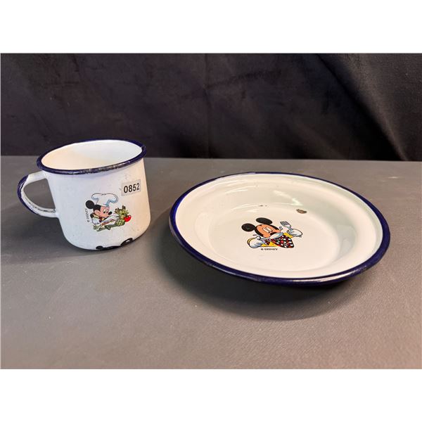 Lot of 2 Pieces of Mickey Mouse Enamelware Dishes - Used