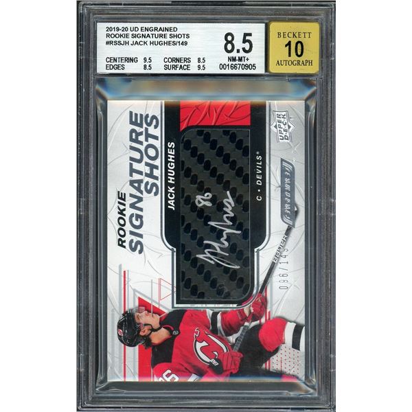 2019 Upper Deck Engrained Jack Hughes rookie signature shots /149 - BGS 8.5