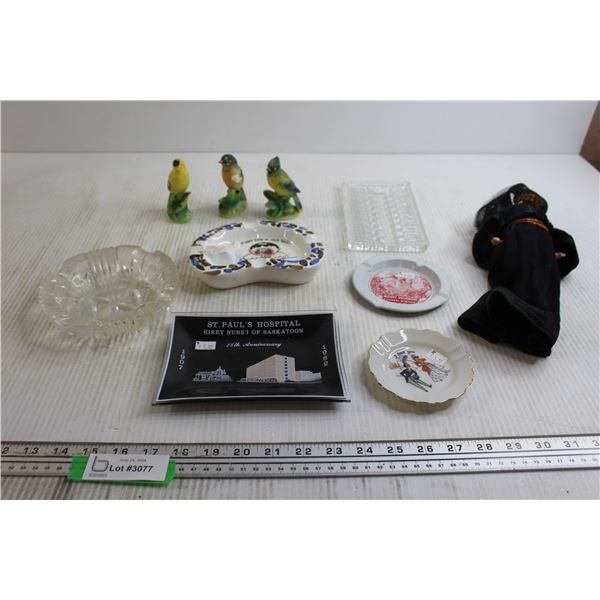 (4) Ashtrays, (3) Decorative Birds, Misc.