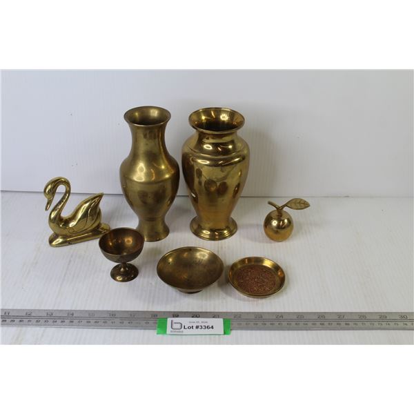 (2) Brass Vases - Brass Apple - Swan & Dishes