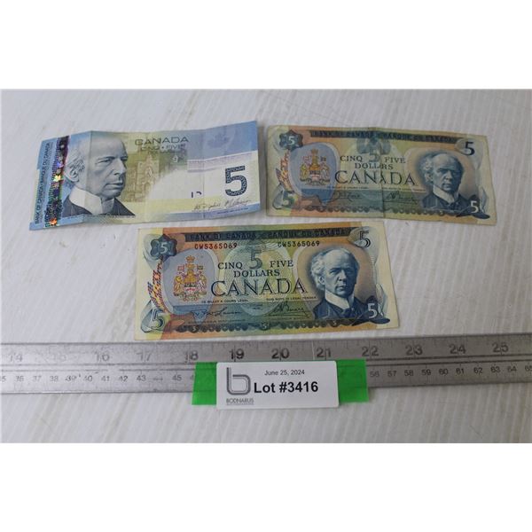 (3) Canadian Five Dollar Bills
