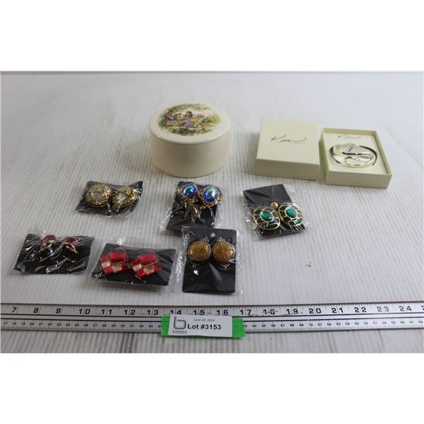 Vintage Trinket Box, (6) Pairs Clip-On Earrings, Vintage Kim Rogers Bracelet
