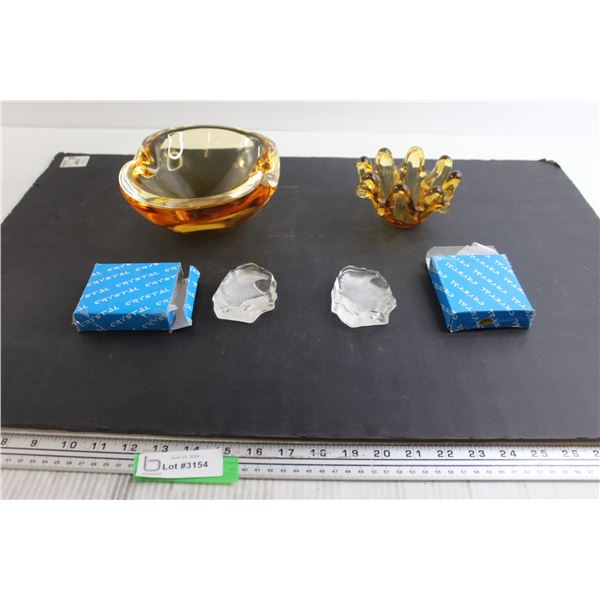 Heavy Art Glass Amber Bowl, Small Fluted Glass Trinket Dish, (2) Eagle Crystal Ornaments