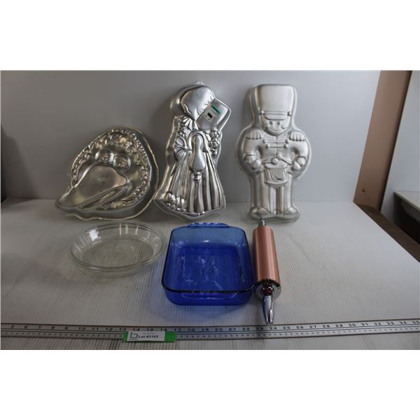 (3) Wilton Cake Pans, (2) Pyrex Glass Pie Plates, Cobalt Blue Pyrex Glass Cake Pan, Copper Rolling P