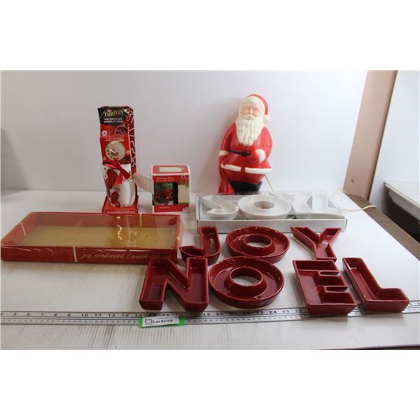 Blow Mold Santa - Consignor Says Works, (2) Mugs, Hors d'Oeuvres Serving Dishes