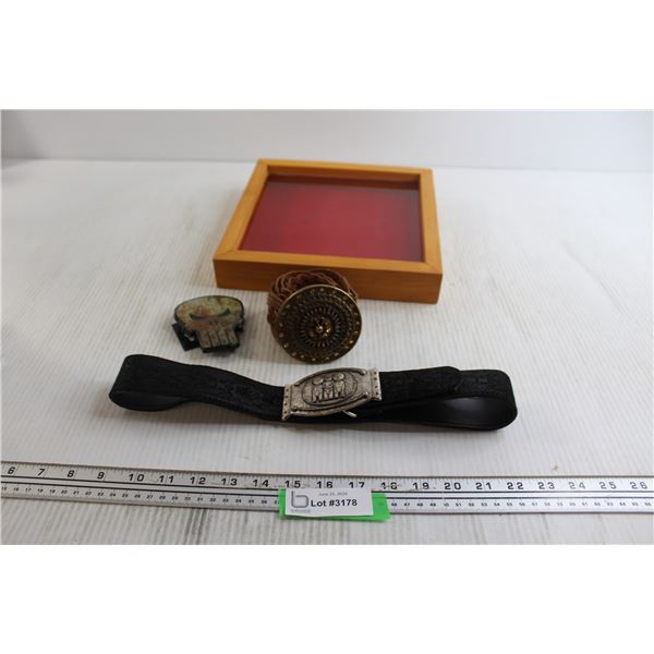 Hanging Shadow Box/Display Case - 10" x 10", (2) Genuine Leather Belts with Buckles, Punisher Belt B