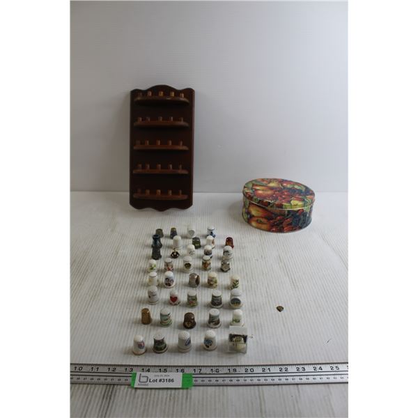 (39) Porcelain and Pewter Thimbles with Thimble Display Shelf