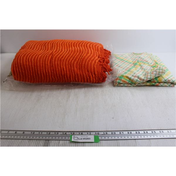 Orange Chenille Bedspread, Checkered Vintage Sheet