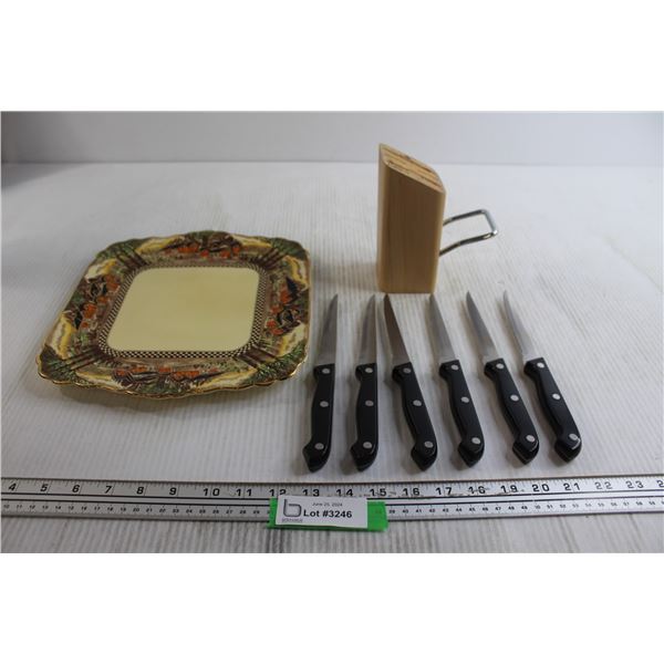 Decorative Plate, (6) Knives with Holder