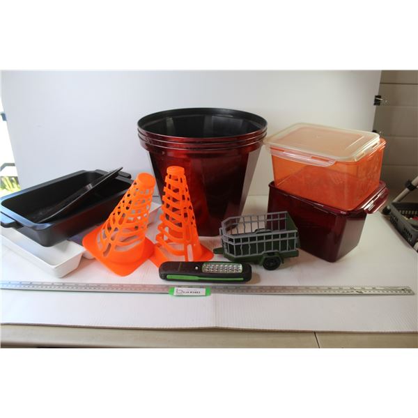 (3) Large Plastic Plant Pots (2) Plastic Food Containers - Plastic Toy Trailer - (2) Toy Pylons - Cu