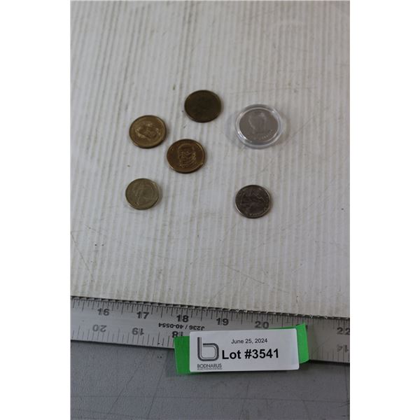 ^(6) Coins - (3) US $1.00,1999 Wayne Gretzky Coin, US Quarter, One Pound