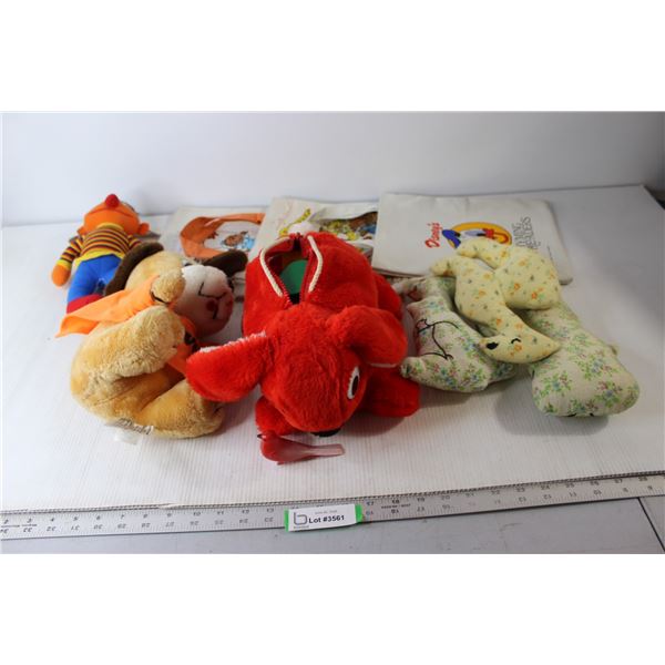 (3) Children's Book Bags, Animal Bag with Big Legos, (5) Stuffed Toys, Misc.