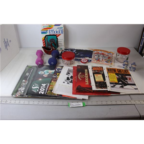 NFL Calendars, NHL Books/Calendars, (2) 3LB Dumbbells, Misc.