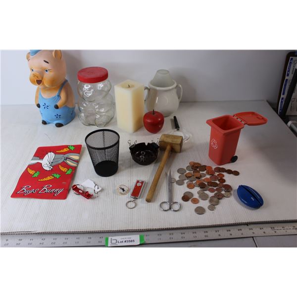 Coins, Piggy Bank, Candle, Ashtray, Wooden Mallet, Scissors, Misc.