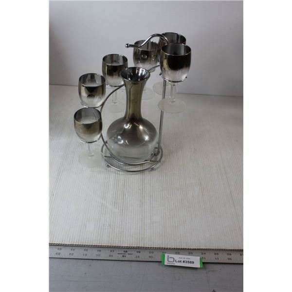 (6) MCM Silver Ombre Decanter and Glass Set w/ Holder