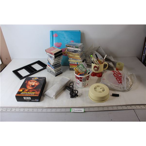 Assorted Cassettes, Pens, John Wayne DVD's, Smoke Detector, Misc.