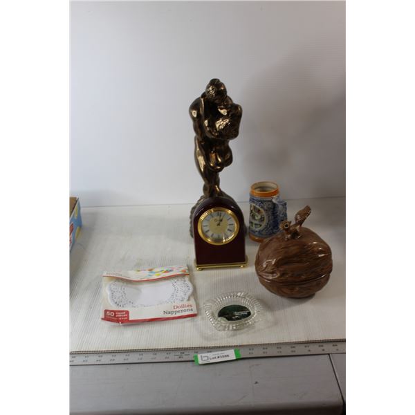 Clock - Works, Nut Dish, Doilies, Misc.