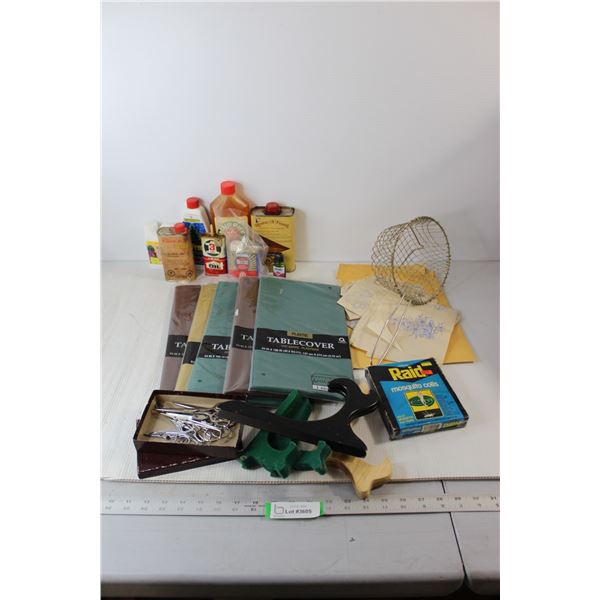 Assorted House Hold Cleaning Liquids, (5) Table Covers, Mosquito Coils, Misc.