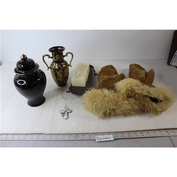Eskimo Leather Winter Gloves, Candle with Dish, (2) Vases