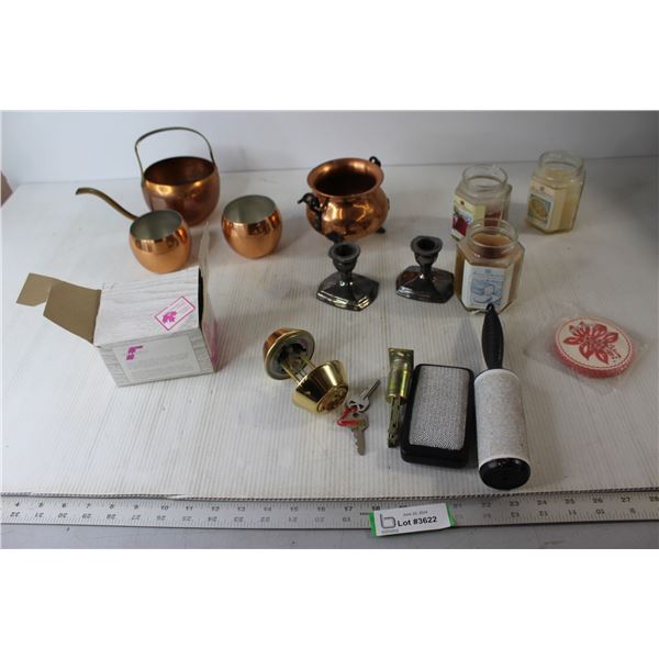 Dead Bolt with 2 Keys, (4) Small Copper Pots, (3) Candles, (2) Lint Brushes, (2) Silver Candlestick 