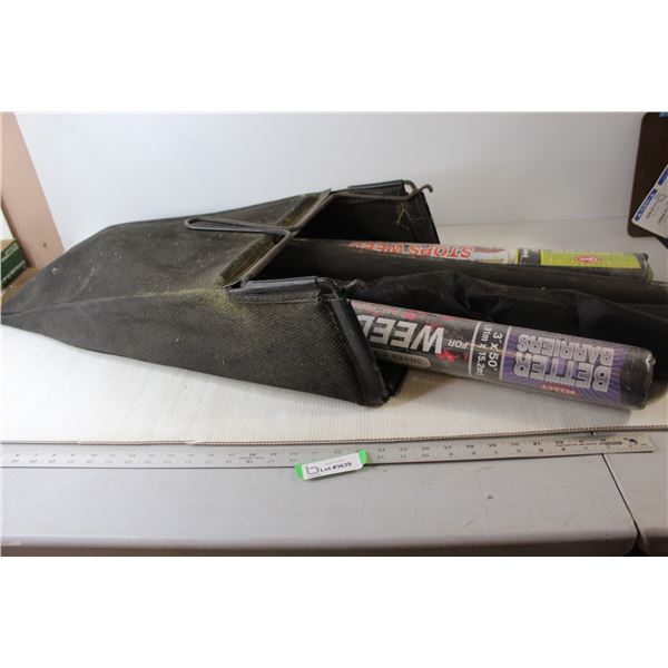 (3) Rolls of Landscaping Fabric, Partial Roll of Screen, Lawnmower Rear Bag