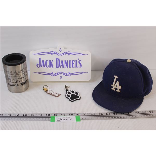 Jack Daniels Tray (2) Keychains, Thermos Cup, LA Baseball Hat (Some Wear)