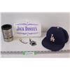 Image 1 : Jack Daniels Tray (2) Keychains, Thermos Cup, LA Baseball Hat (Some Wear)