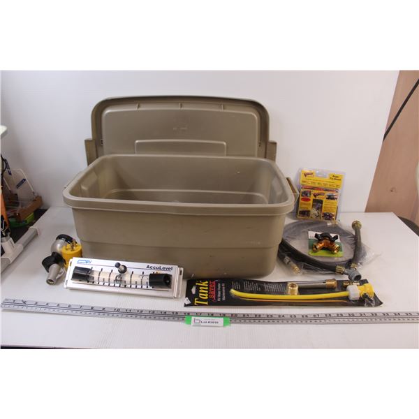 Lot of RV Utilities: Level, Tank Saver, Water Hook up & Misc. in Tote w/Lid