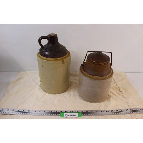 Moonshine Crock Jug - 13", Crockery Jar - 10" - Needs Clean