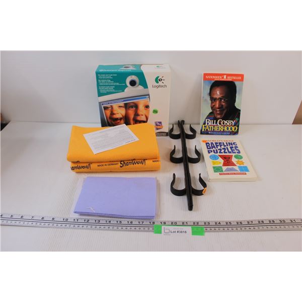Lot of: ShamWow!, Metal Gun Rack, Quick Cam Set (As Is), Bill Cosby Book, Puzzles