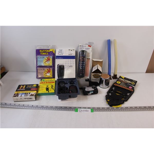 Lot of: Samsung Flip Phone (As Is), Remote, Cassettes, Shoe Traction, Misc.