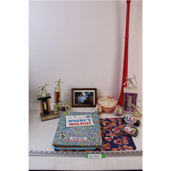 Lot of: Where's Waldo Book, Sports Trophies, Frame, Sports Horn, Misc.
