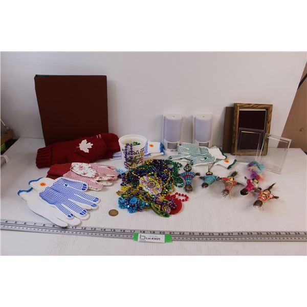 Lot of: Pin Dolls, Frames, Beads, Mittens, Misc.