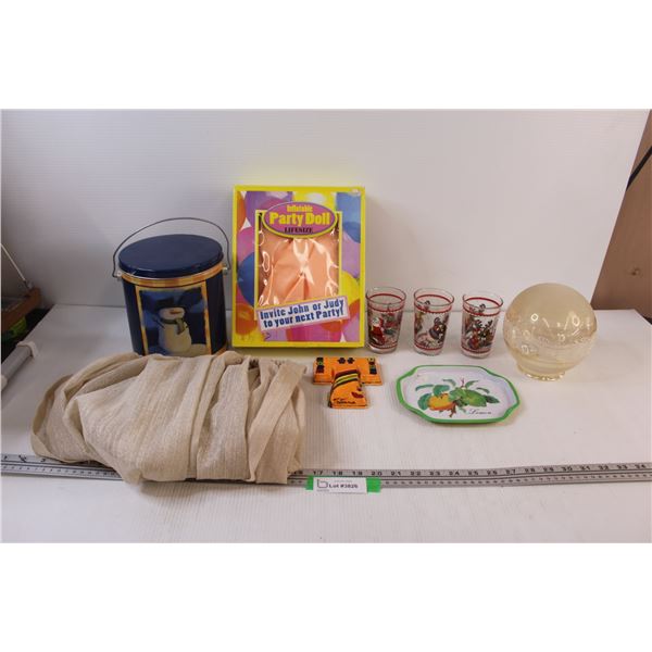 Lot of: Snowman Tin, Glass Light Globe, (3) Christmas Glasses w/ Ornaments, Blow-up Doll